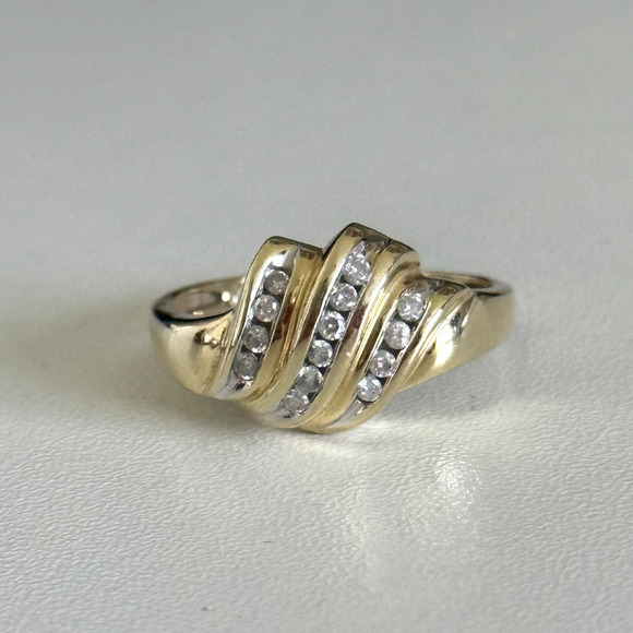 14K Yellow Gold Natural Diamonds Triple Row Wave Ladies Band Ring Size 10 - Picture 7 of 16